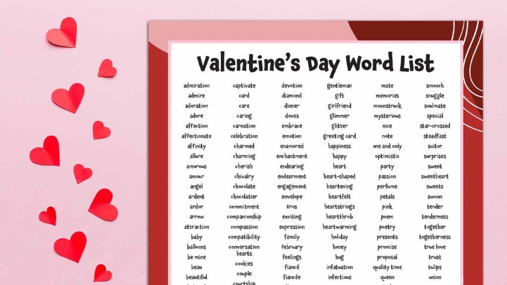 200 Valentine’s Day Words for Writing, Vocab, and More (Free Printable)