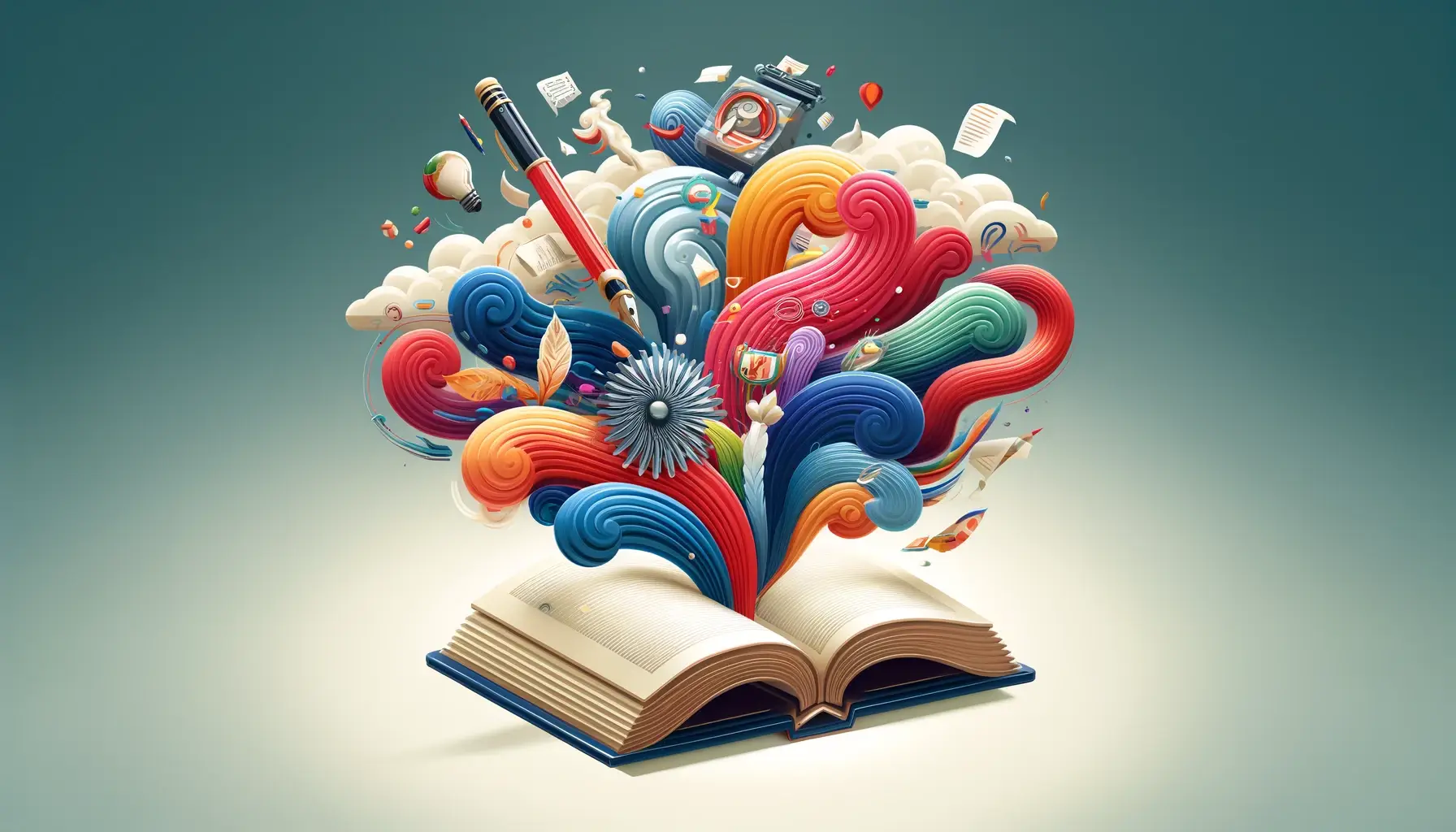 DALL·E A modern, high quality vector image illustrating an abstract concept of creativity and literature The image features an oversized open book with vibr