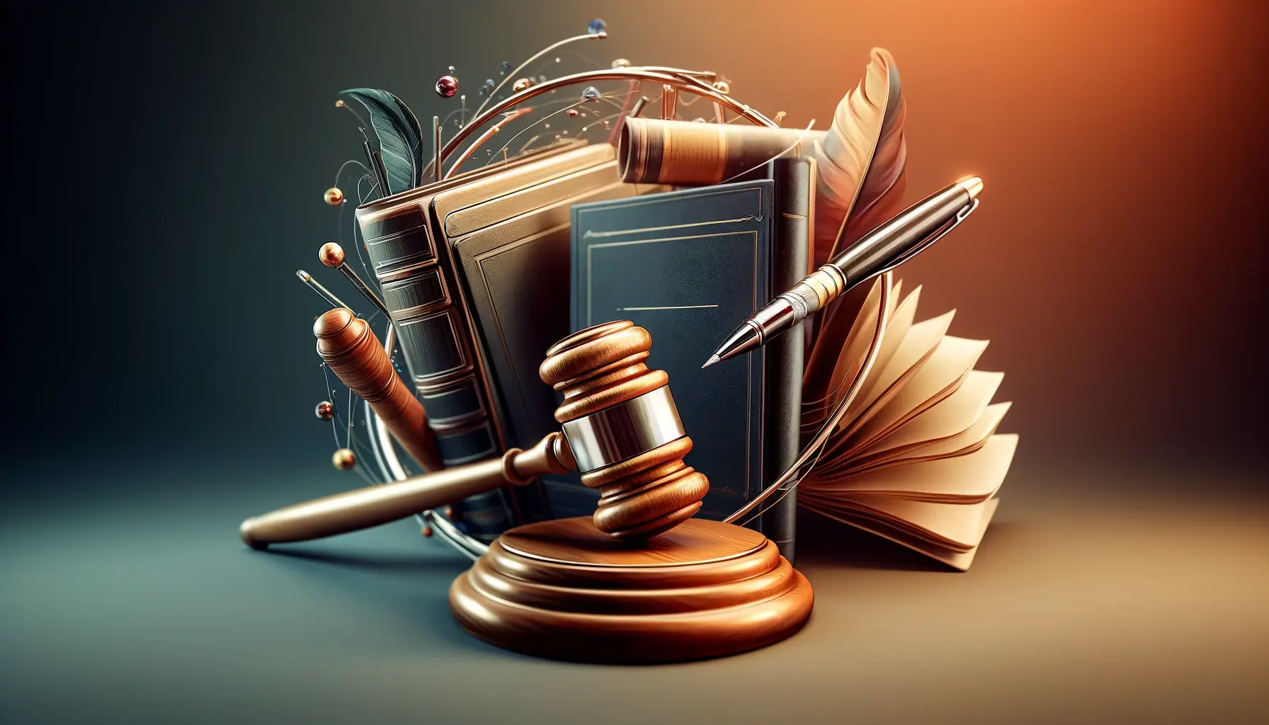 A conceptual image representing the legal aspects of publishing, featuring a gavel, books, and a pen, symbolizing the intersection of law and literatu