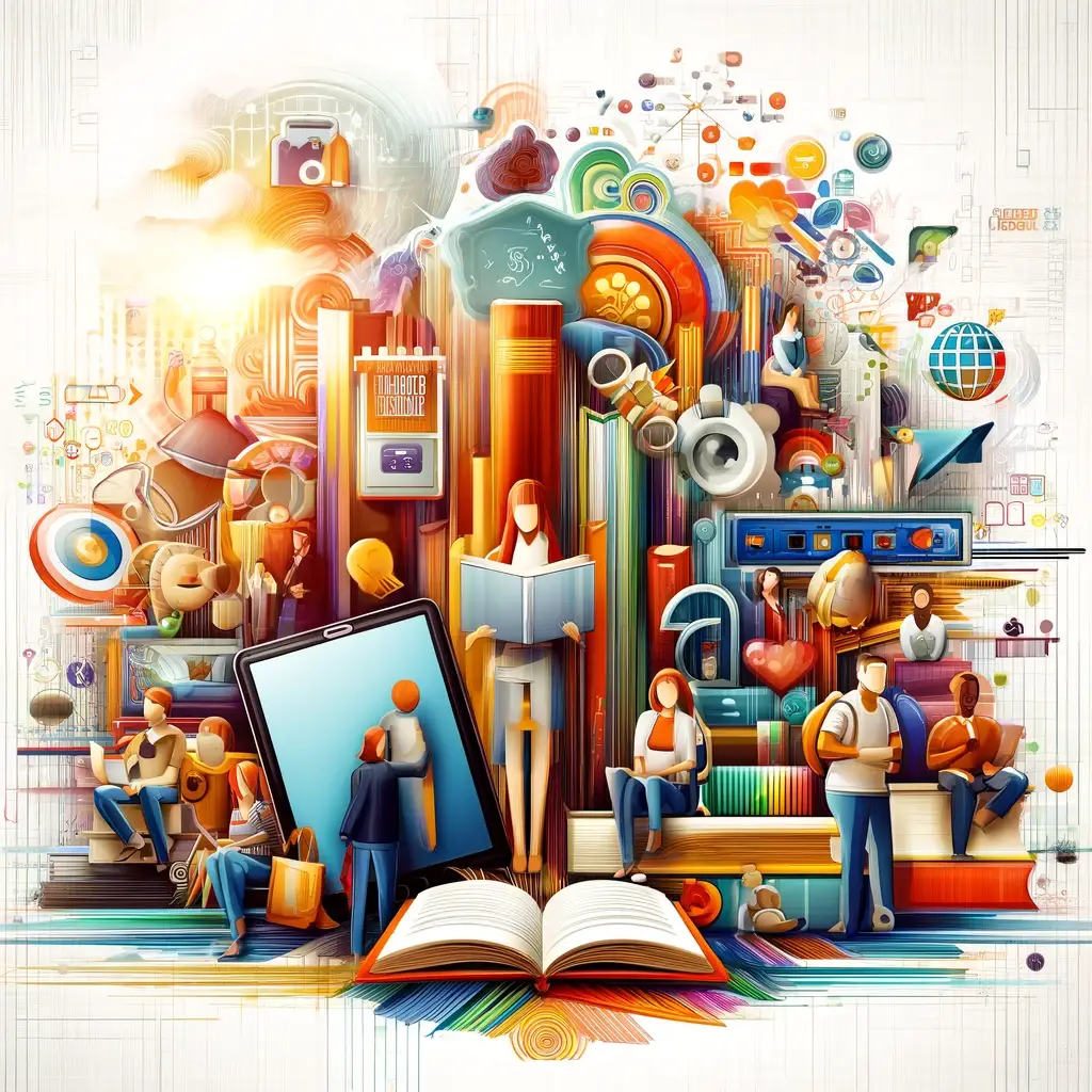 A modern, abstract illustration representing the diverse and dynamic world of publishing The image should feature symbolic elements like books, digit