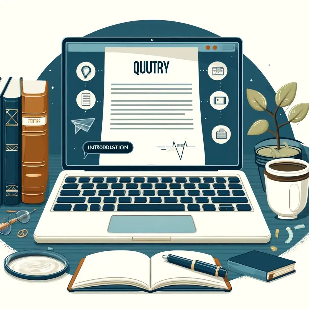 A stylized illustration of an open laptop with a query letter displayed on the screen The laptop is on a desk surrounded by literary elements like bo